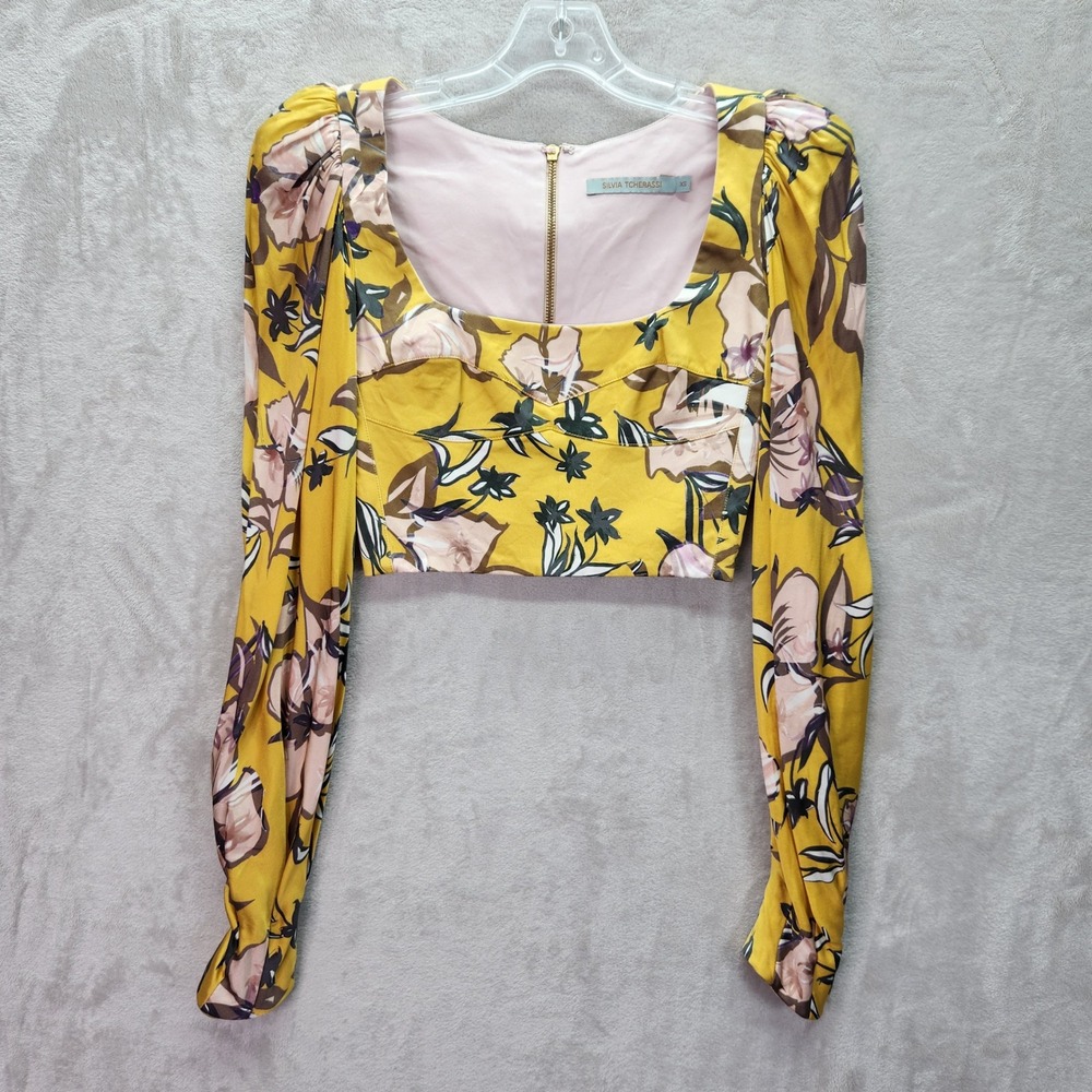 Silvia Tcherassi Crop Top Womens XS Floral Silk Blend Long Sleeve Designer Top